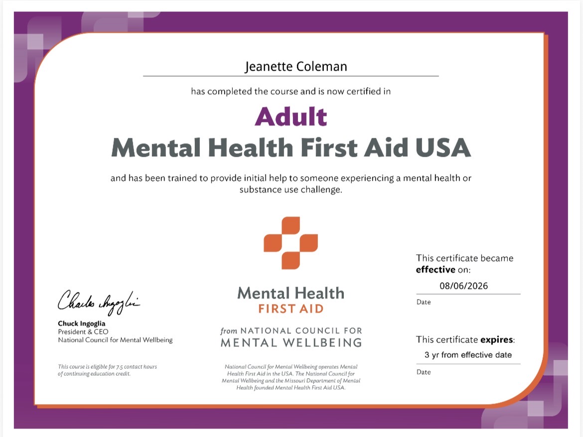 Jeanette Coleman's Adult Mental Health First Aid USA certificate effective August 6, 2026